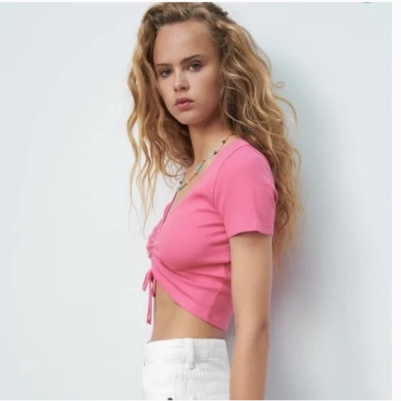 Zara Ribbed Draw-String Crop Tee Size S - Picture 2 of 9